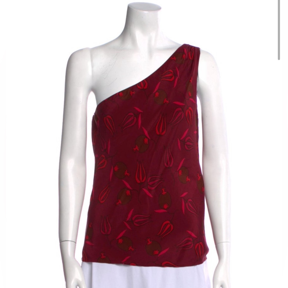 Rebecca de Ravenel Red Silk Floral One Shoulder Top Size 6